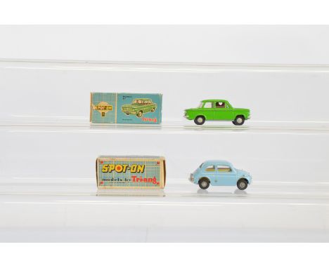 Two boxed Tri-ang Spot-On diecast model cars,  including a 185 Fiat 500 in light blue G+/VG in G box missing one inner tab an
