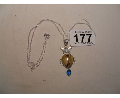 Silver pendant &amp; chain set with Picture jasper etc.