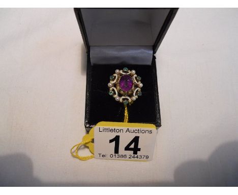Unusual gold amethyst, emerald and enamel set ring - Estimate £450 to £650 