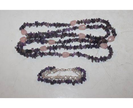 A 50" Sterling silver amethyst and rose quartz necklace and bracelet