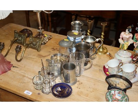 A pair of brass candlesticks; a collection of beer steins; tankards; hip flask; cruet set etc. 
