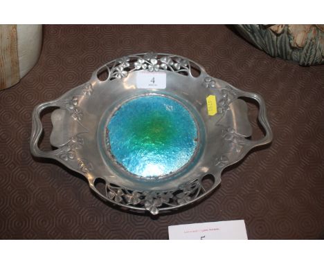An Art Nouveau Tudric pewter and enamel decorated twin handled dish decorate with clovers No.0287, 28cm x 21cm 