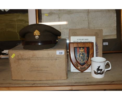 A Royal Warwickshire Regiment cap with badge and plaque, auxiliary units history of achievement booklet; and a John Players a