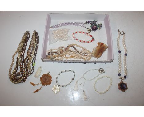 A box containing cultured pearl, amethyst and gem set Sterling silver pendant necklace and other cultured pearl bracelets and