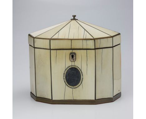 A George III ivory veneered, tortoiseshell and white metal mounted and strung tea caddy, of decagonal form, the hinged tent t