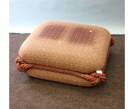 A large square upholstered pouffe, with decorative rope bound detail, 77 x 67cm