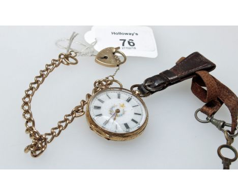 A lady's Swiss open faced gold pocket watch, white enamel dial, with hand painted detail and Roman numerals, together with an