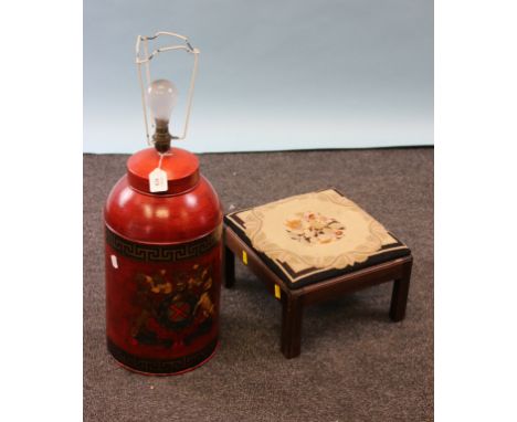 A reproduction tole ware tea canister lamp, and a mahogany low stool