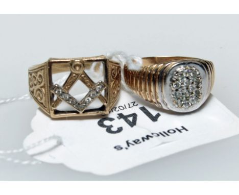 A gentleman's diamond set Masonic compass ring, together with a gentleman's 9ct gold pave set clear stone ring