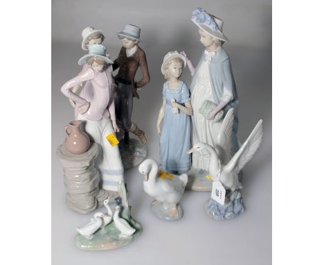 A Nao porcelain figure group of a mother and child in formal attire, another of a courting couple, a young woman with water p