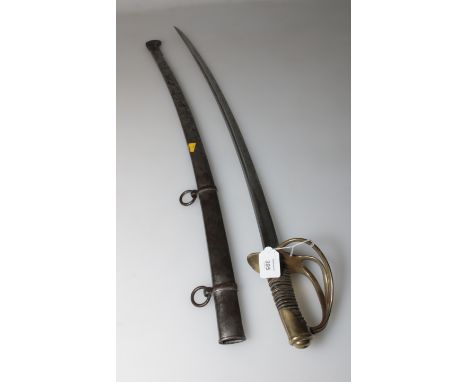 A French 1822 pattern cavalry sabre, the 90cm curved fullered blade with brass three bar guard numbered 1098 and wire bound l