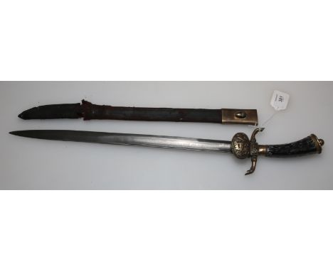A 19th Century German hunting hanger,  with a 42cm blade, brass hilt with hoof, acorn and boar mask quillion and stag chappe,