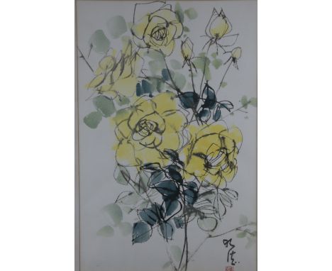 20th century Chinese School 'Peace Roses' watercolour, bearing signature and studio mark in seal 44 x 29cm