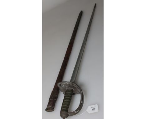 A 21st County of London Regiment sword, the etched 82cm blade fullered towards the forte, pierced guard with badge, engine tu