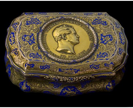 A 19th century German (Hanau) 18ct gold and champleve enamel presentation box, inset with a Friedrich Wilhelm IV gold medalli