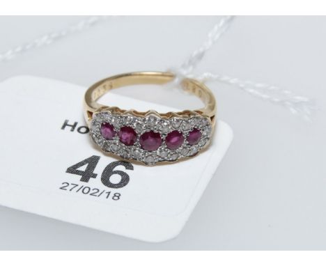 A ruby and diamond half hoop cluster ring, the seven graduated circular cut rubies within pave set diamond borders