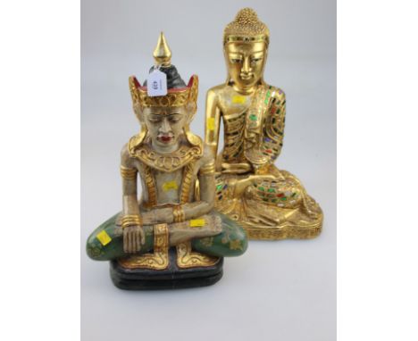 A 20th century carved giltwood figure of Buddha wearing a coloured glass bejewelled sash, together with a Bodhisattva, 43 and