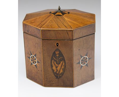 An early 19th century rosewood, boxwood and ebony inlaid and strung tea caddy, of octagonal form, the tent top with urn finia