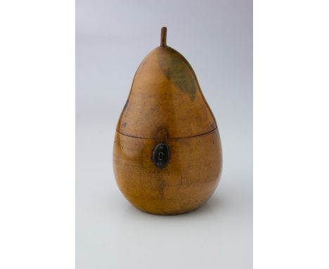A George III fruitwood tea caddy, of pear form, with stained green leaf detail, iron hinge and escutcheon, 18cm