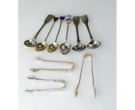 Hayne and Cater, a set of three silver mustard spoons, London 1855, three pairs of silver sugar nips and three silver souveni