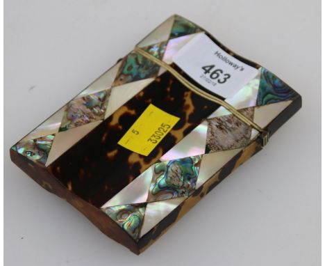 A Victorian tortoiseshell, mother of pearl and abalone shell inlaid visiting card case, of waisted rectangular form, hinged a