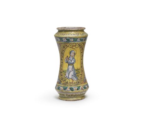 A Palermo maiolica albarello, second half 17th centuryDecorated with a large oval cartouche with an image of a female saint s