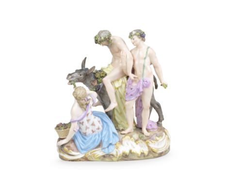 A Meissen group of the drunken Silenus, late 19th century, together with three Meissen figures, 19th-20th centuryModelled by 