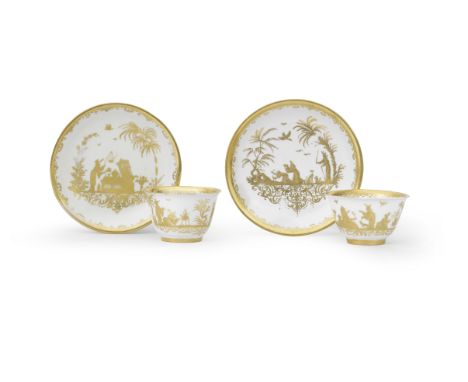 A pair of Meissen Hausmaler teabowls and saucers, the porcelain circa 1720Decorated in the Seuter workshop in Augsburg in too