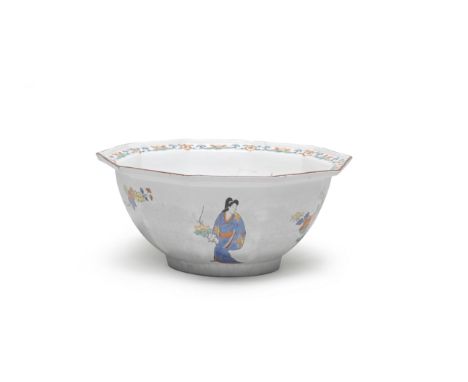 A Meissen ten-sided bowl, circa 1730Painted in enamels and gilding in Kakiemon style, the exterior with a figure holding a fl