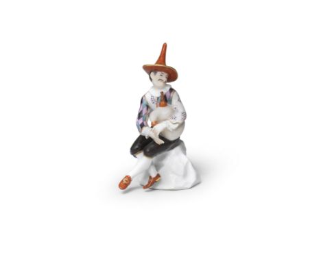 A Meissen later-decorated figure of a Harlequin playing the bagpipes, the porcelain 18th centuryWearing a red hat, a doublet 