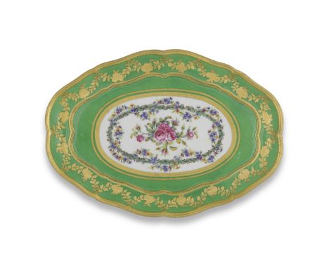 A Sèvres green-ground tray (plateau 'du roi'), circa 1785Of the second size, painted by Nicquet and F. Bouillat (fils) with a
