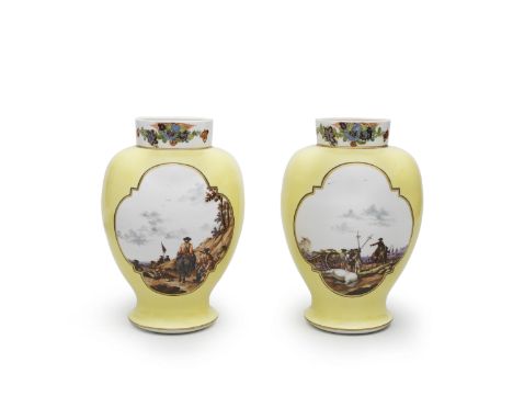 A pair of Meissen yellow-ground Augustus Rex vases, circa 1735-40Of baluster from, reserved on each side with a shaped quatre
