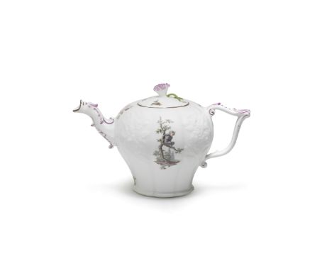 A Meissen lobed teapot and cover, circa 1760Moulded with flower sprays and painted with a monkey seated in a tree on one side