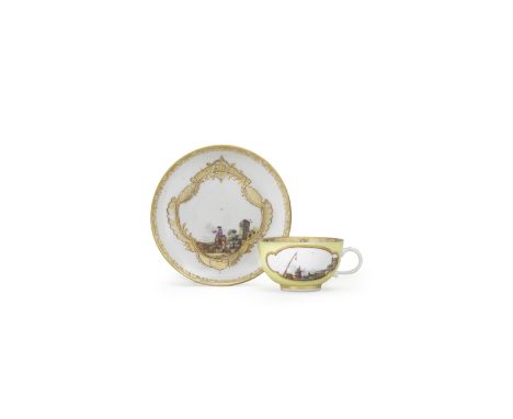 A Meissen yellow-ground cup and saucer, circa 1745Each side reserved with a gilt-edged quatrelobe panel depicting Kauffahrtei
