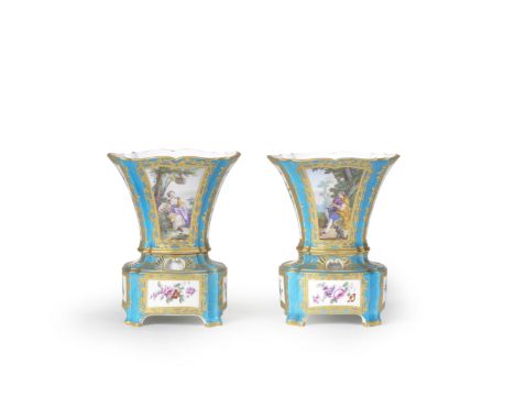 A pair of Sèvres blue-céleste ground flower vases (vases 'hollandois nouveau ovale'), dated 1764Of the fourth size, painted b