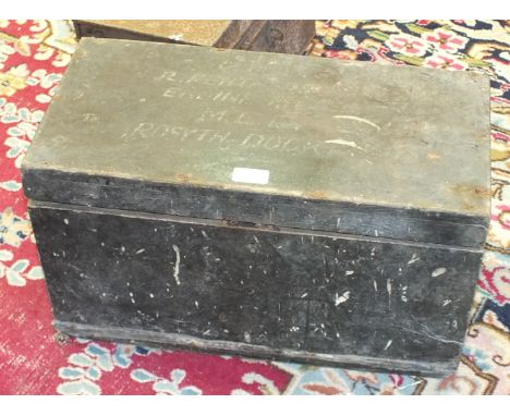 A wooden tool box marked 'R Feathers, Engine Fitter, Rosyth Dockyard', 51cm wide, a small collection of tools, garden equipme