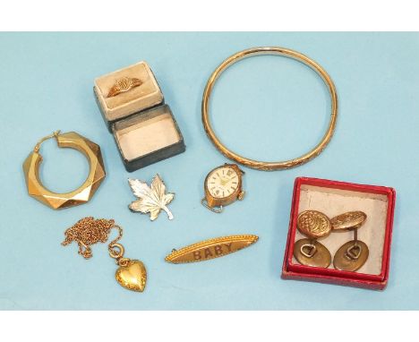 A small 9ct gold brooch "BABY", a '10K' gold child's ring, size B½ and other items, weighable gold approximately 6g.