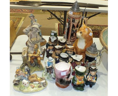 A King, Western Germany, ceramic stein with pewter lid, 39cm high, two smaller steins, various Roy Kirkham character jugs, ca