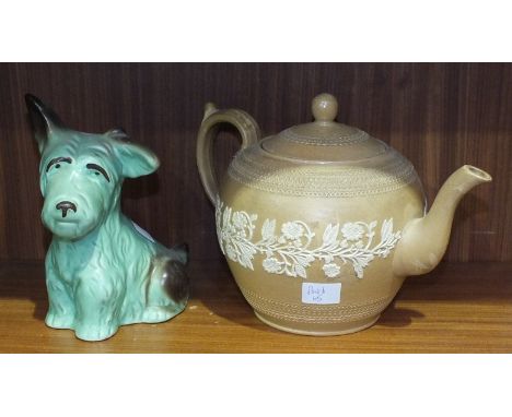 A SylvaC green-glazed dog, figure no. 1118, 17cm high, a pair of Wallis Gimson & Co. 'The World' decorated octagonal plates, 