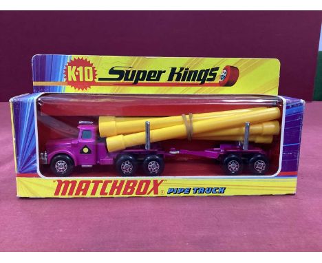 Original Matchbox Superkings No K-10 Articulated Trailer with Interlocking Pipes, overall excellent, boxed, unpunched header,