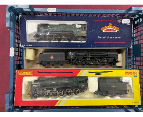 Three boxed OO gauge steam locomotives: one boxed Hornby tender drive 9F Evening Star, (marked and damaged box), a boxed Bach