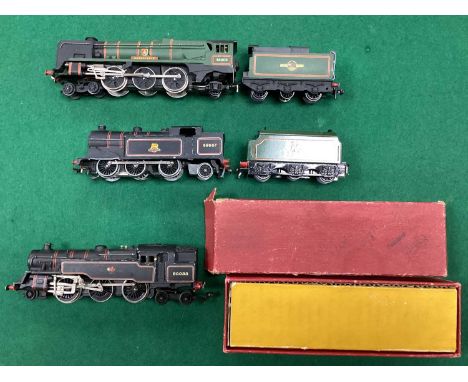 Three Hornby Dublo 00 gauge steam locomotives including boxed 2-rail 2-6-4 tank engine, a 2-rail West Country Class"Barnstapl