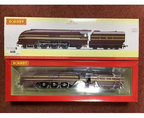 Boxed Hornby OO gauge Streamlined Princess Coronation class locomotive Duchess of Hamilton no 6229 in LMS Red livery, missing