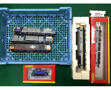 A Bachmann OO gauge MPV Maintenance Twin Unit (some small parts missing) and Three Hornby OO gauge modern Diesel locomotives:
