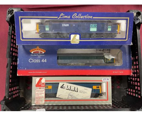 Three OO Gauge Boxed Diesel locomotives in BR a blue livery by Bachmann and Lima, including Bachmann Peak class 44 004; some 
