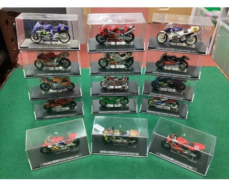 Fifteen 1:24th Scale Diecast Model Motorcycles to include Aprilia RSV250 Valentino Rossi 1999, cased.