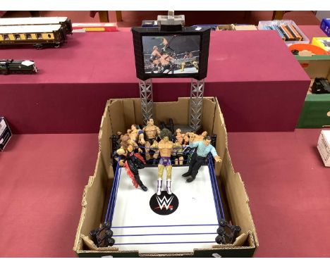 Twelve WWE Plastic Action Wrestling Figures by Jakks Pacific / Mattel. Together with a WWE Smack Down Ring and High Flying Fu