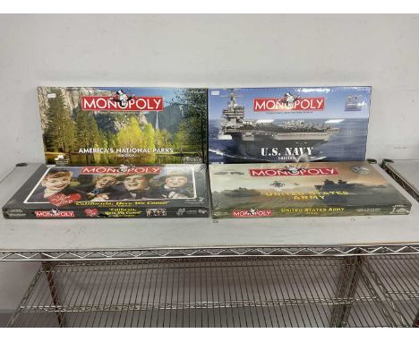 Four Monopoly Property Trading Games by Parker Brothers. Comprising of U.S. Navy Edition, United States Army, "I Love Lucy", 