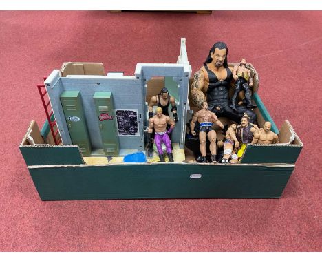 Twelve WWE Plastic Wrestling Figures by Mattel, Jakks Pacific to include Kevin Owens, Jake The Snake. Together with a Jakks P
