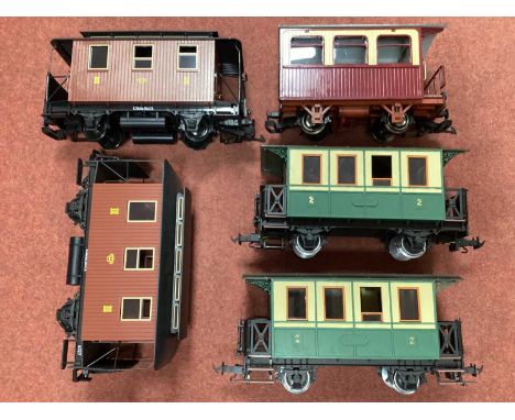 Five G Scale four-wheel coaches by LGB and others, some small parts may be missing or loose